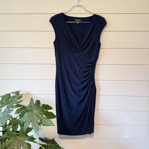 Lauren Ralph Lauren Navy Sheath Cocktail Dress Flattering Ruching Comfort Midi 8
